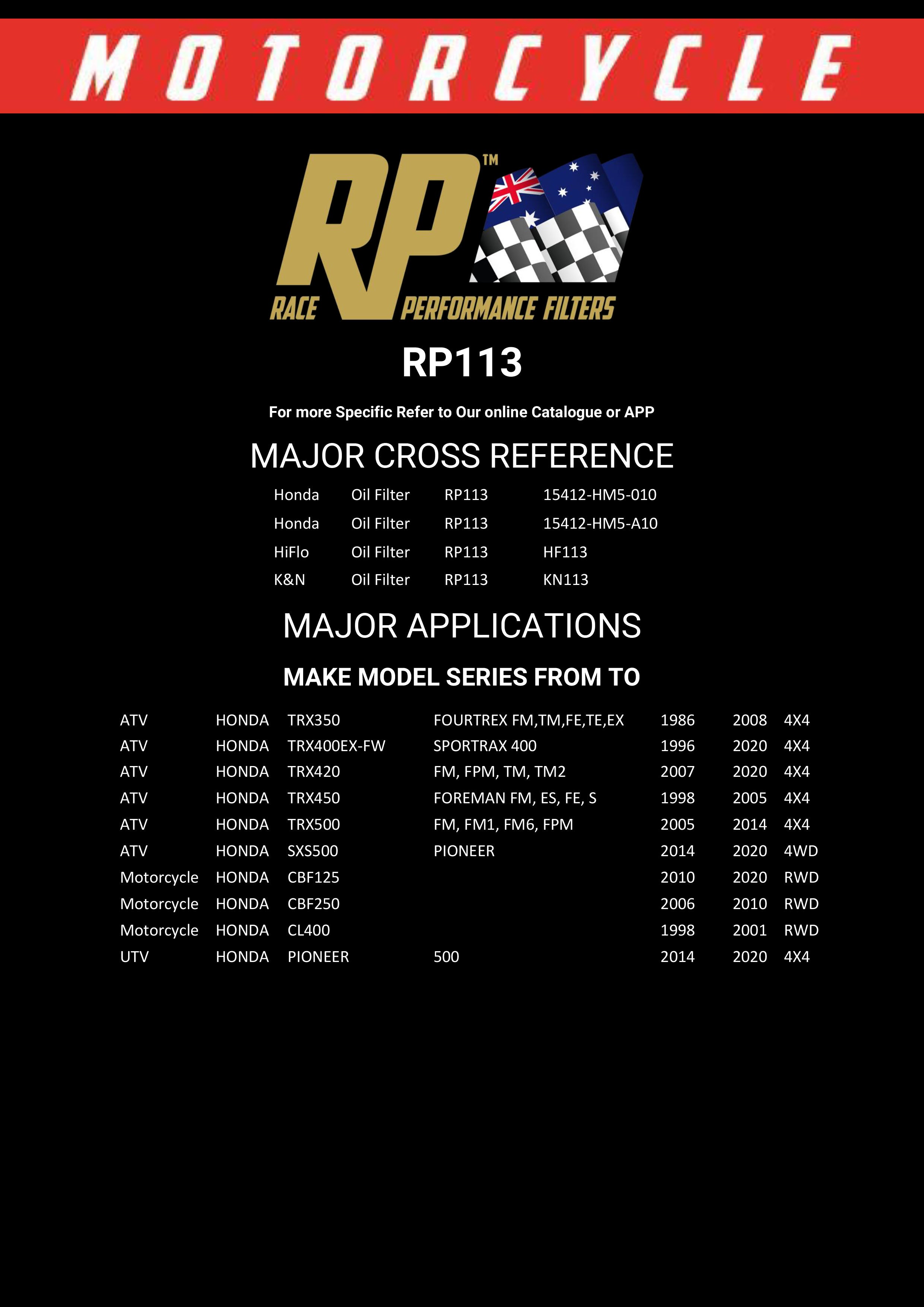 Race Performance Motorcycle Oil Filter - RP113