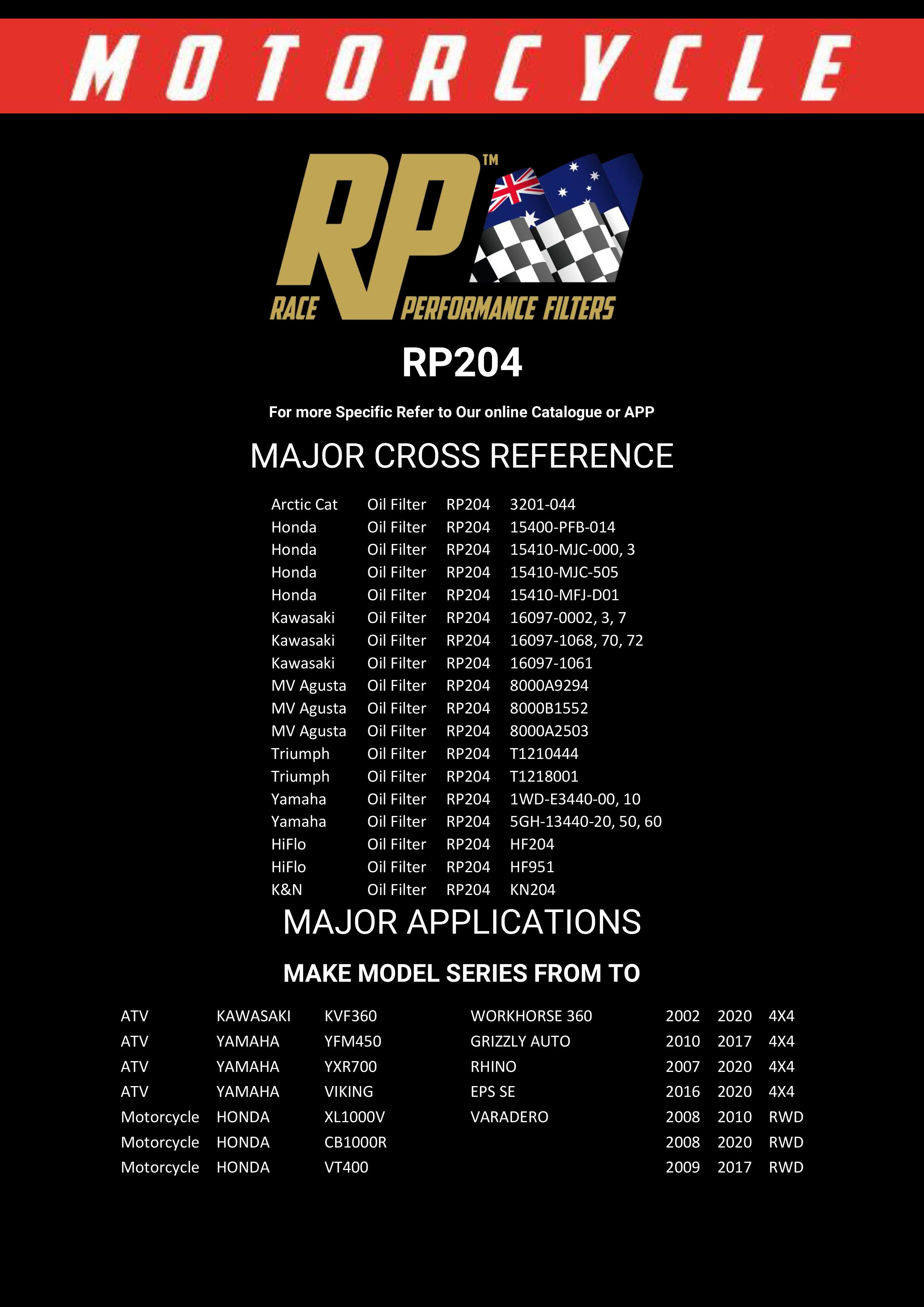 Race Performance Motorcycle Oil Filter - RP204