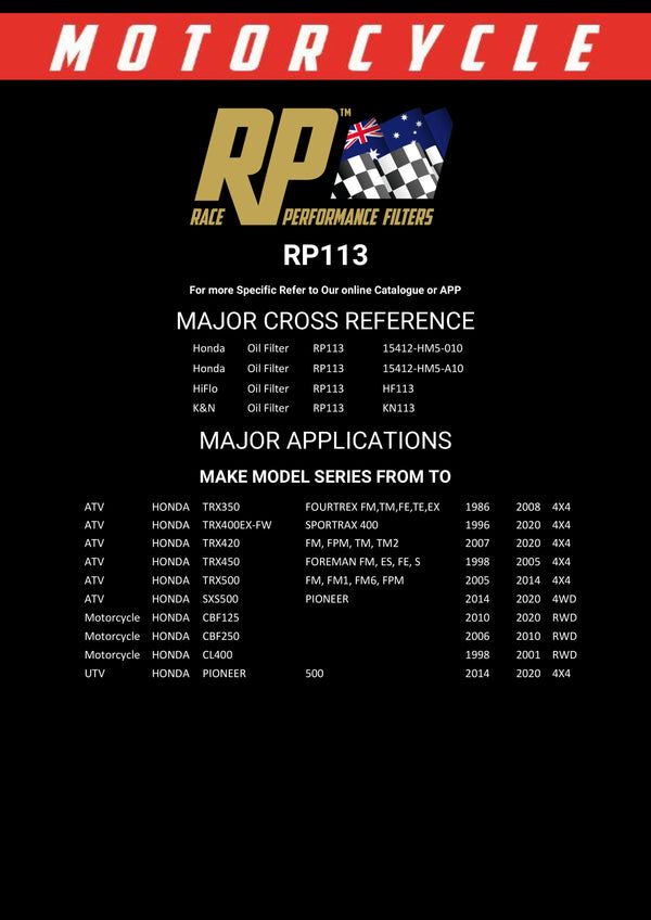 Race Performance Motorcycle Oil Filter - RP113