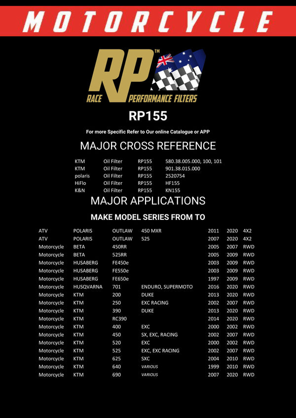 Race Performance Motorcycle Oil Filter - RP155
