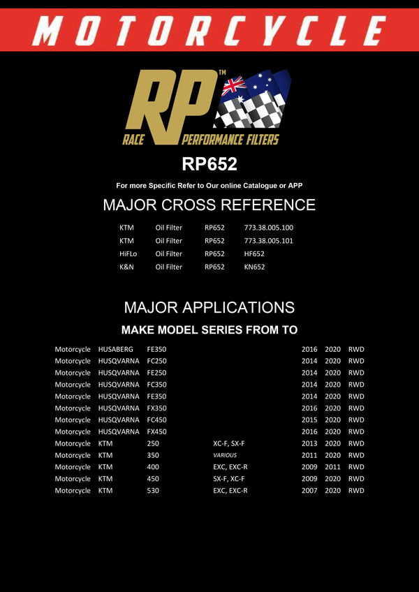 Race Performance Motorcycle Oil Filter - RP652